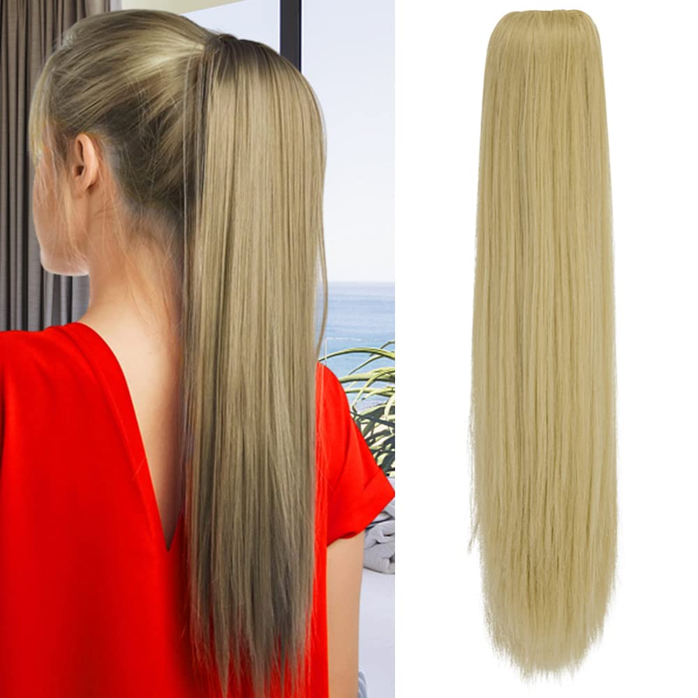 OMGREAT Claw on Ponytail Clip in Hair Extensions Straight Curly Wavy Long Hair Piece Pony Tail 21 Inch 150g Straight - Sandy Blonde Mix Bleach Blonde
