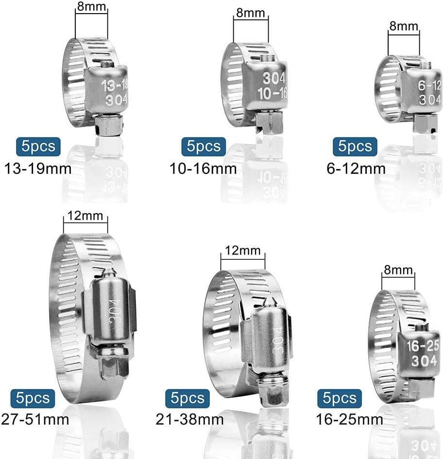 InduSKY 30Pcs Hose Clamps Adjustable 6-51mm Range 304 Stainless Steel Worm Gear Hose Clamps Assortment Kit Fuel Line Clamp for Plumbing, Automotive and Mechanical Applications - Image 4