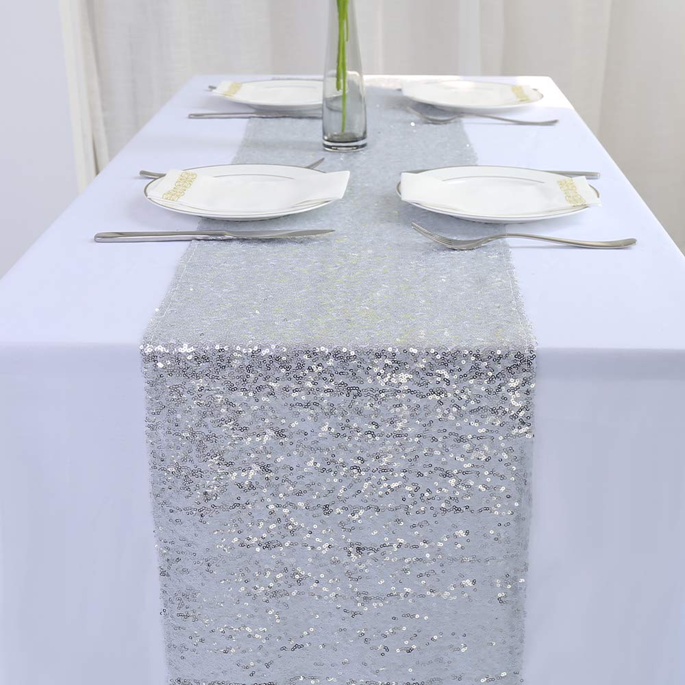 Zdada Silver Sequin Table Runner - 13"x96" Sparkly Table Linens for Party Event Ceremony Wedding Decoration