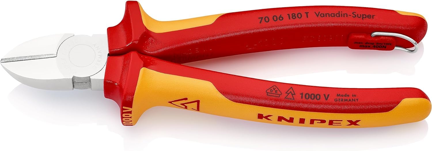 KNIPEX Diagonal Cutter Chrome-Plated Insulated with Multi-Component Grips, VDE-Tested with Integrated Insulated Tether Attachment Point, 70 06 180 T