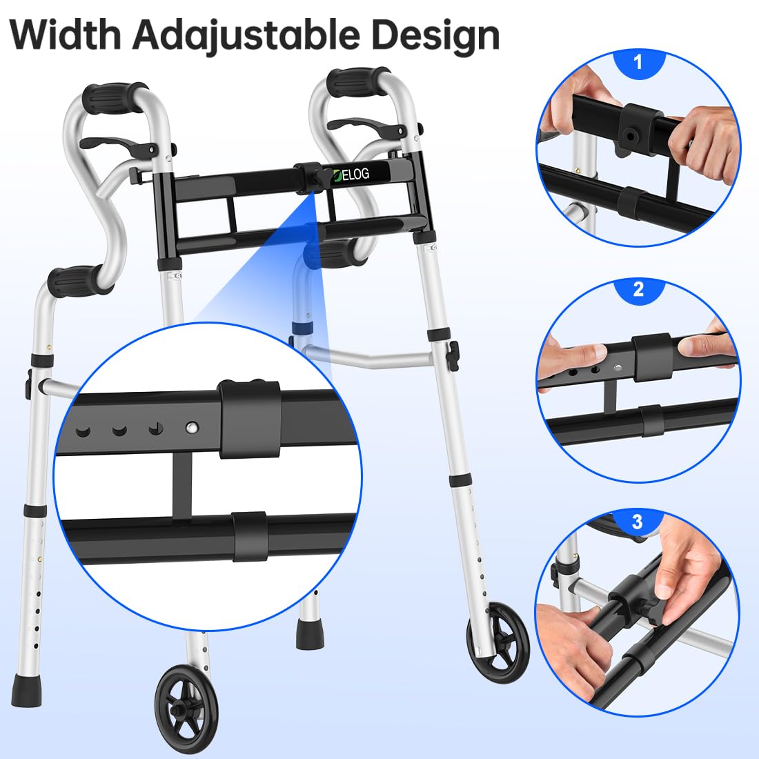 Delog Narrow Folding Walker for Seniors, 3 in 1 Folding Walker with 5” Front Wheels Width Adjustable Compact Standard Walker Support Up to 350lbs
