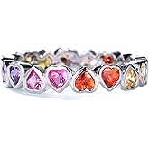 WES 925 Sterling Silver Colorful Rainbow Cubic Zirconia Eternity Rings for Women, Size 6-8