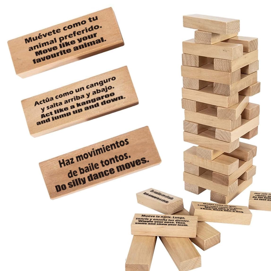 Photo 1 of **MISSING PIECES** 1step2dream Spanish Stacking Tower Game | Bilingual Block Game for Kids Adults | Perfect for Family, Classroom | 54 Hilarious Commands | Ideal Learning Board Game Gift