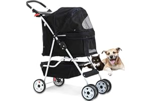DKELI 4 Wheel Pet Stroller Cat Dog Cage Stroller Travel Folding Carrier with Cup Holder and Removable Lining for Small and Medium Dogs, Cats (Black)