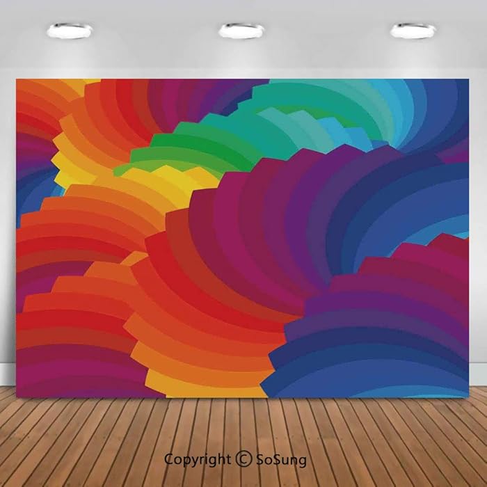8x6Ft Vinyl Colorful Home Decor Backdrop for Photography,Gradient Dash Sea Shell Inspired Wavy Dimension Palette Stripes Artisan Background Newborn Baby Photoshoot Portrait Studio Props Birthday Party