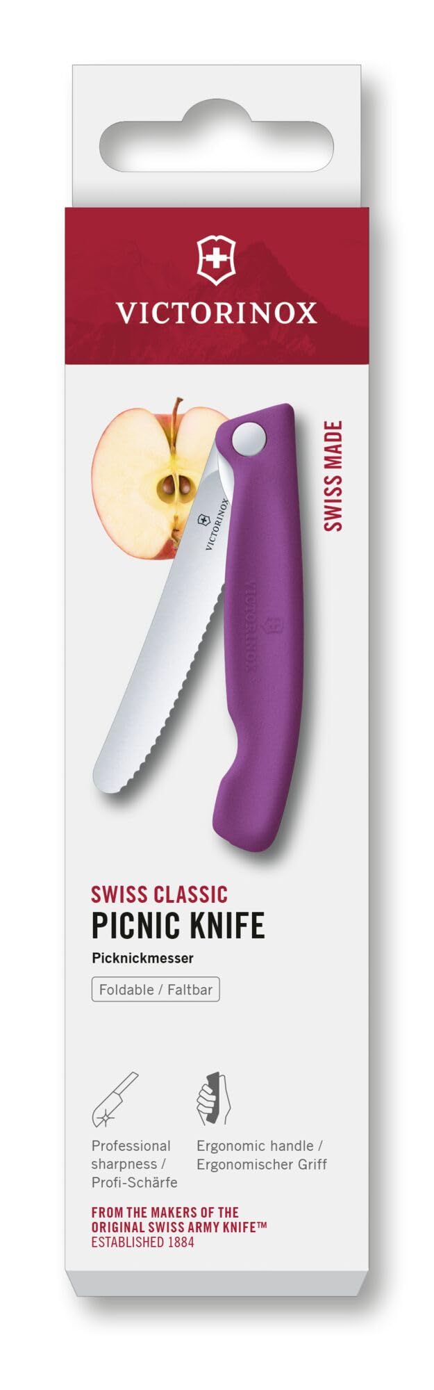 Victorinox Swiss Classic Faltbares Picknick-Messer für Wanderungen, Obst, Gemüse, Brötchen, Wurst, mit Wellenschliff, Extra Scharf, Violet 5