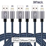 Everdigi iPhone Cable, 3Pack 3FT Lightning to USB Charger Cable Charging Cord Compatible with iPhone 7/ 7 Plus/ SE/ 6s/ 6 /6 Plus/ 6s Plus/ 5s/ 5c/ 5/ iPad Air/ Mini/ iPod Nano/ Touch (Black &Blue)