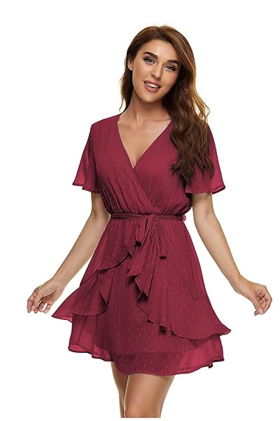UGUEST WOMEN’S SUMMER CHIFFON SHORT SLEEVE V NECK RUFFLE DRESS LIGHT MINI SWING HIGH WAIST SLIP LINING DRESS WITH BELT WINE RED XS