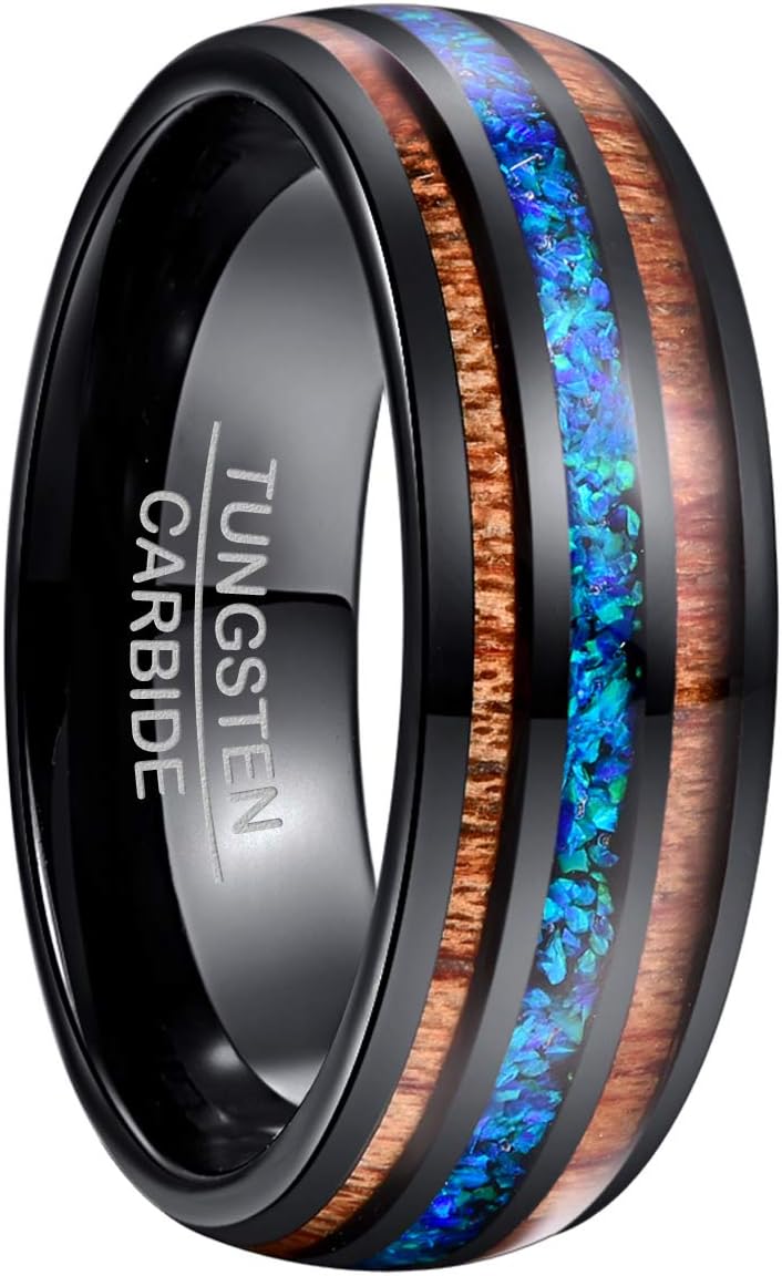 6mm/8mm Handmade Tungsten Wedding Ring with Hawaii Koa Wood Domed Black Tungsten for Men Women Sets Size 5-17