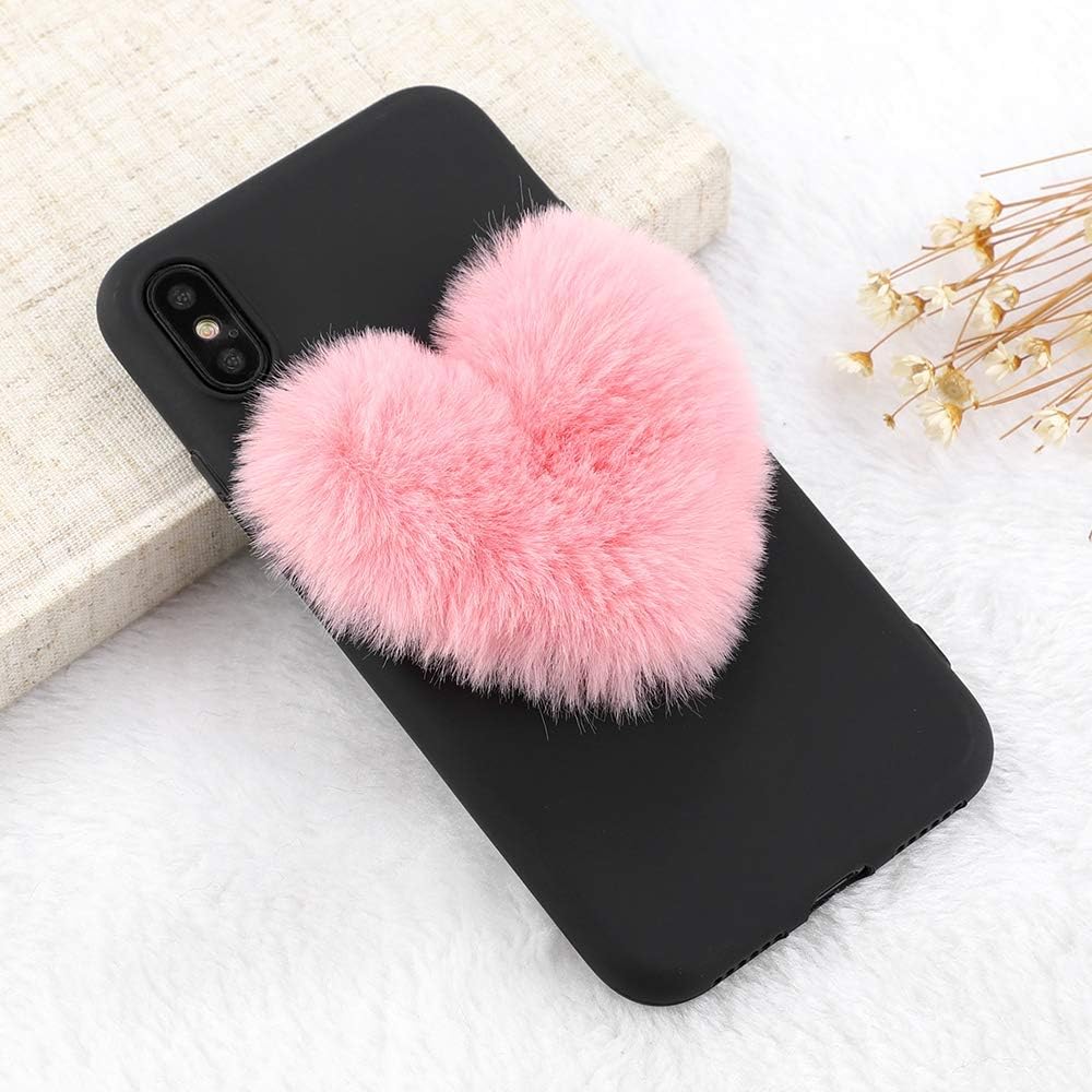 for iPhone X Case iPhone Xs Case LAPOPNUT Luxury Fuzzy Pom Plush Love Heart Soft Silicone Back Protective Cover Furry Pom Case TPU Bumper for Girls Women, Pink Pom