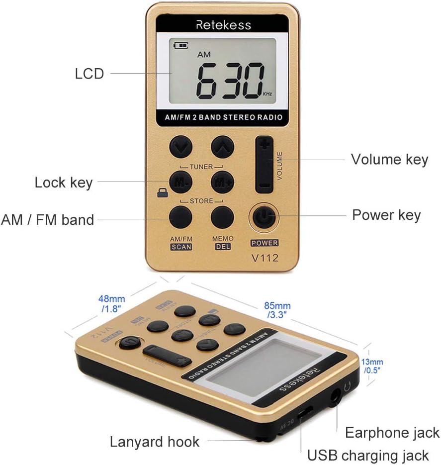 Retekess V112 Pocket Radio Headphones,Small Radio Portable,Rechargeable Battery,Sleep Timer, LCD,Lock Switch - Image 3