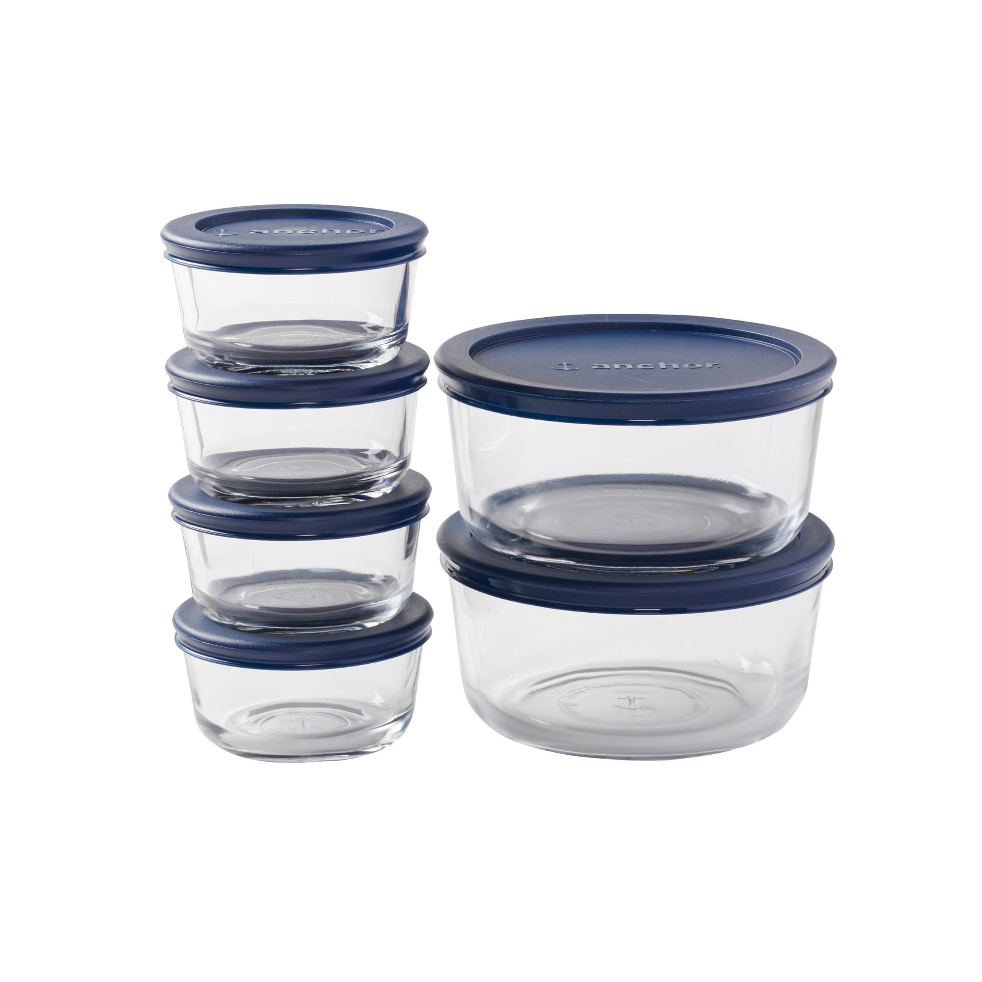 Photo 1 of Anchor Hocking 12 Piece Glass Storage Containers with Lids (6 Glass Food Storage Containers & 6 Navy Blue SnugFit Lids)