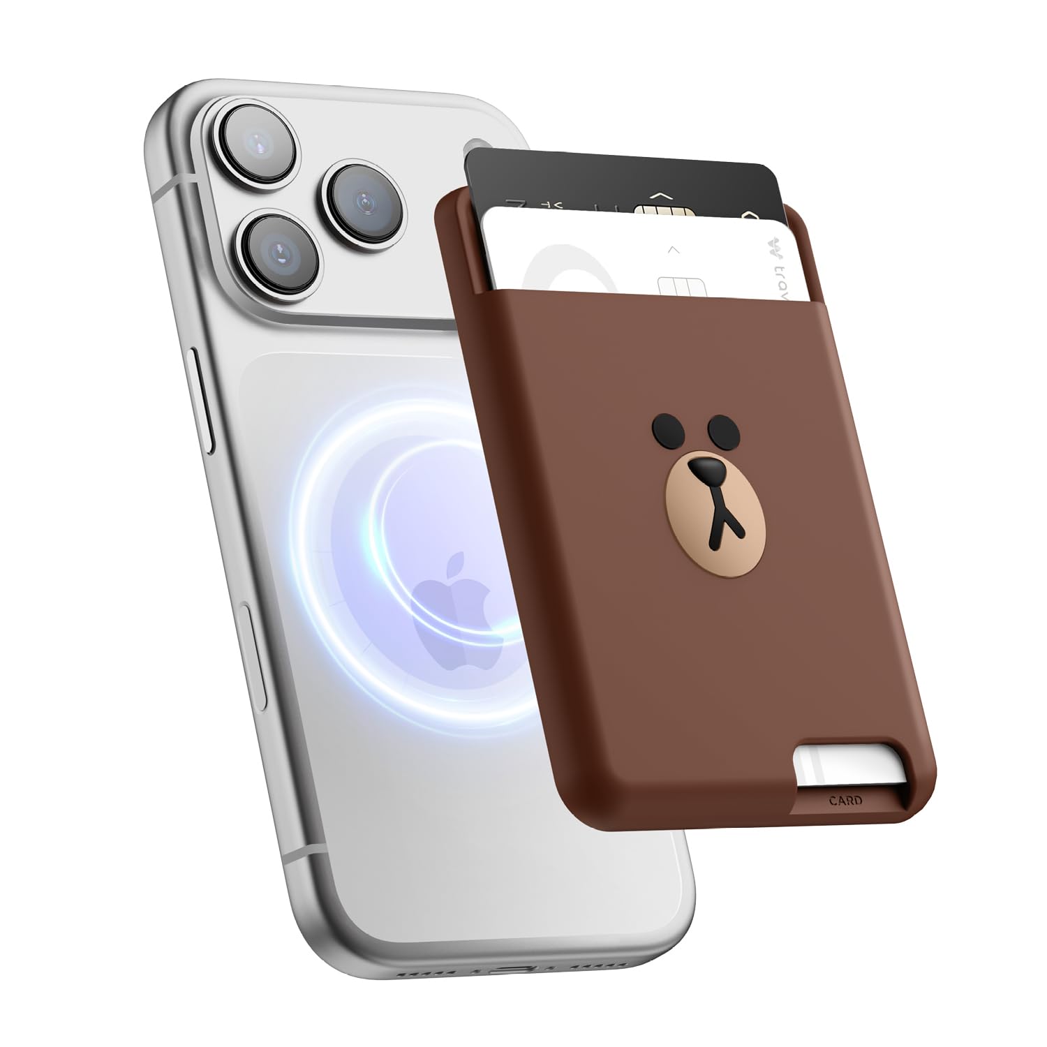 elago l LINE Friends Magnetic Wallet Card Holder Compatible with MagSafe Compatible with iPhone 17/16/15/14/13/12 Series - Phone Wallet, Long Last Silicone, Scratch and Damage Protection (Brown)