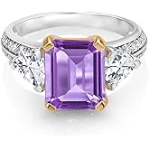 Gem Stone King 925 Sterling Silver and 10k Yellow Gold Purple Amethyst and White Moissanite 3 Stone Engagement Ring For Women (4.63 Cttw, Emerald Cut 10X8MM)