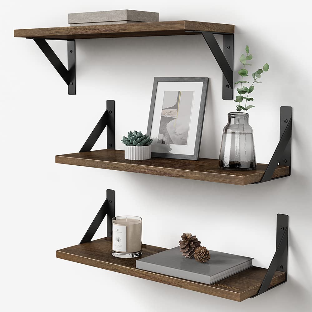 Photo 1 of Rustic Floating Shelves Wall Mounted Set of 3, 17 Inch Natural Wood Wall Shelves, Decor Storage Shelf for Bedroom Bathroom Living Room Office Pictures Plants Books Cats TV (Rustic Brown)
