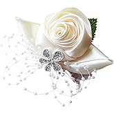 Arlai 1 pcs Beige Rose Wrist Corsage Wristlet Band Bridesmaid Bride Corsage for Prom Party Wedding Ball Event - Elegant Rhinestone Floral Bracelet for Bridesmaids, Party Wrist Accessory