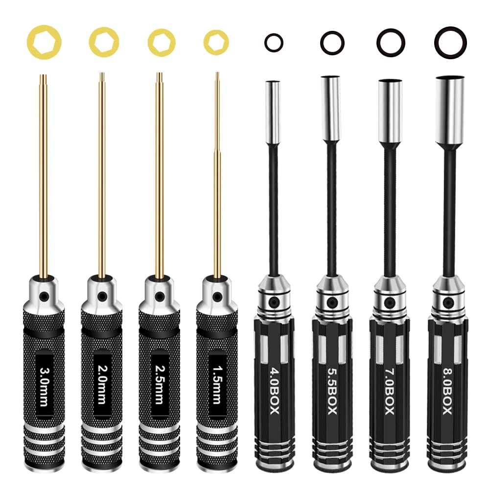 HRB Upgrade RC Hex Driver Set - 8pcs Titanium Allen Screwdriver Kit (1.5mm-8.0mm) for Car, Quadcopter, Drone, Helicopter