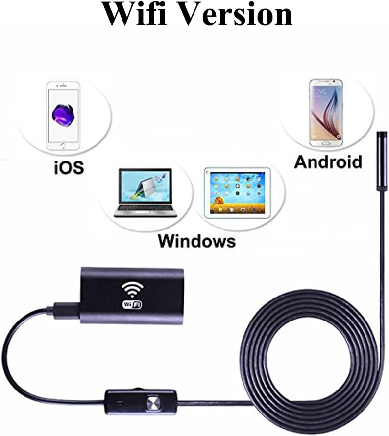Wireless Endoscope, JINGLESZCN WiFi Borescope Video Inspection Camera 2.0 mp HD Snake Pipe Camera with 8 Adjustable LED Light for iOS and Android Smartphone iPhone Samsung Tablet,Black 2m/3.5m (5m)