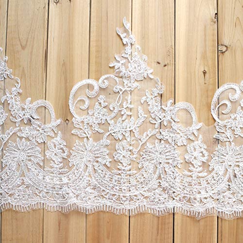 Lace - 40CM Wide lace Border lace Trim 6yards/lot Embroidered Tulle mesh Ivory lace Trimming Sequins lace Trim for Wedding Dress Sewing - (Color: Ivory)