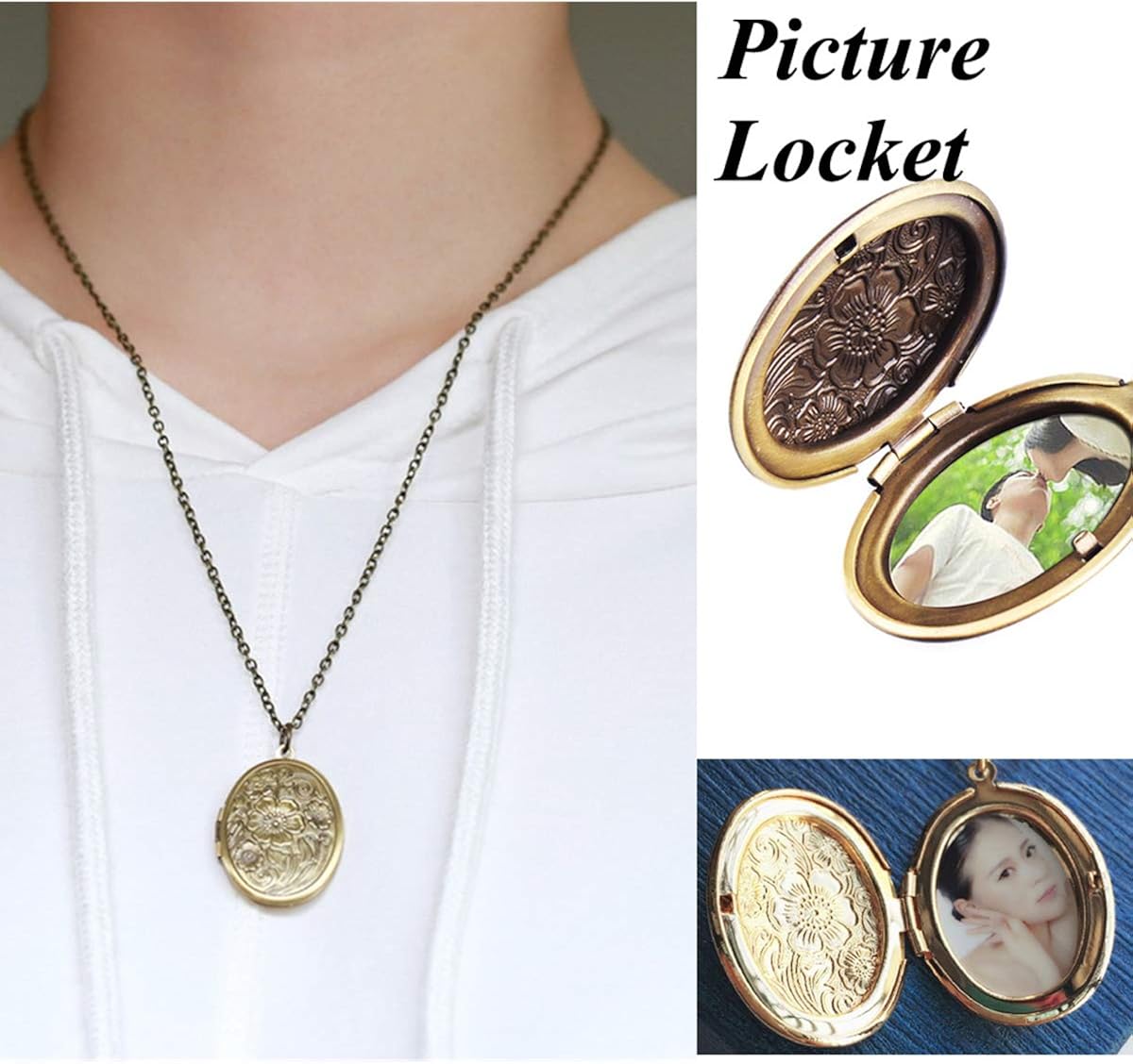 Hsumonre Customize Oval Locket Necklace Text Engraved Antique Bronze Flower Carved Hold Picture Love Memory Pendant Necklace For Couple Silver Gold Plated - Image 4