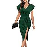 ihot 2026 Women's Sexy V Neck Ruffle Sleeve Side Slit Ruched Bodycon Faux Wrap Cocktail Party Wedding Guest Midi Dress