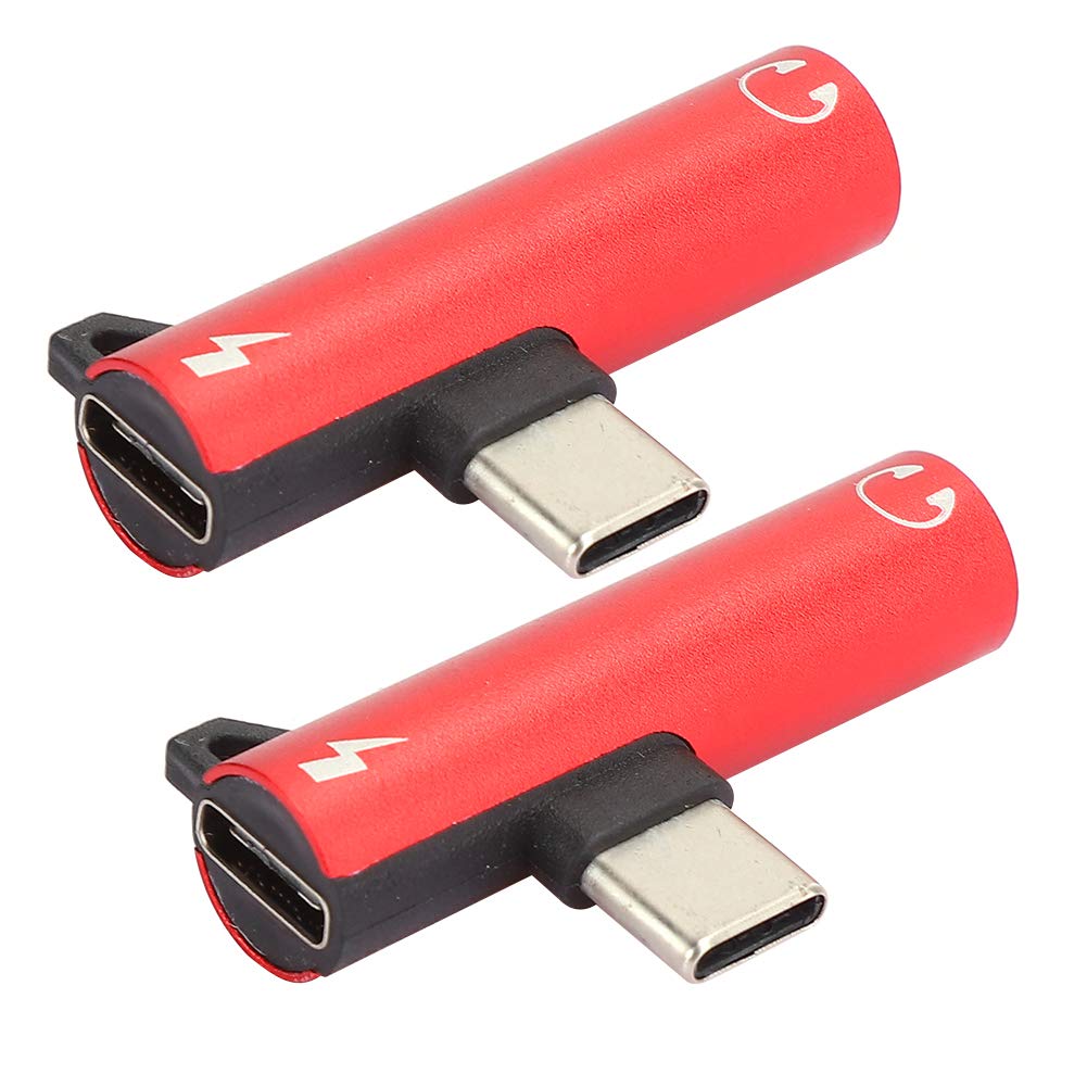 Type C to USB C & 3.5mm Audio Adapter, 2Pcs USB-C Aux Jack Earbuds Conveter & Charging Female C Port, Right Angle USB C Splitter for Phone and Tablet(red)