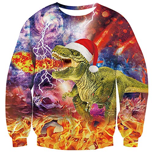 Loveternal Unisex Galaxy Christmas Sweater 3D Dinosaur Printed Pullover Sweatshirts Blouse Shirt S