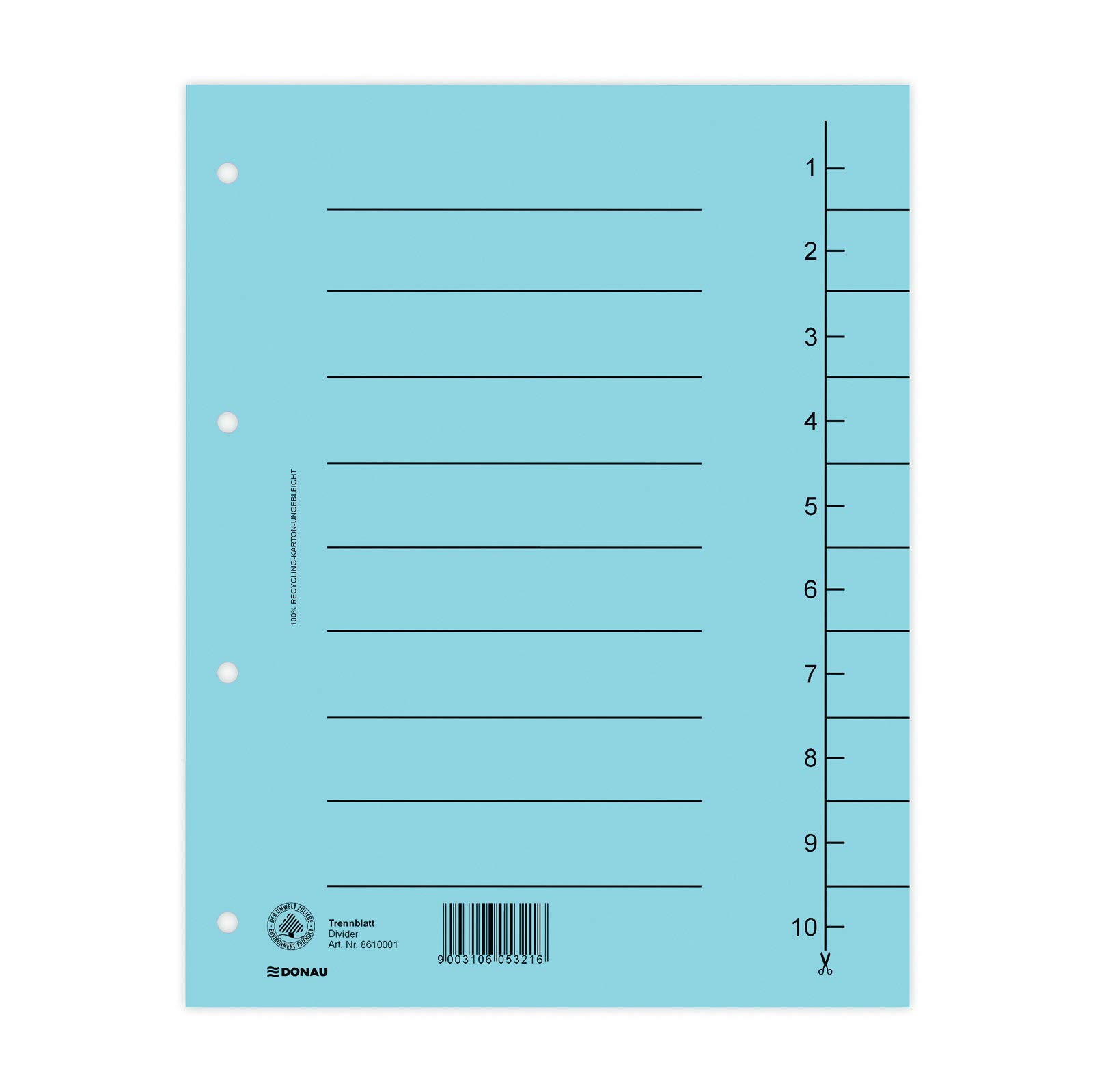 DONAU 8610001-10 Pack of 100 Dividers, Colour: Blue/Cardboard Index, Extra-Wide Made of Recycled Cardboard 250 g/m² with Line Print for DIN A4 4-Hole Dividers Dividers Folder Index