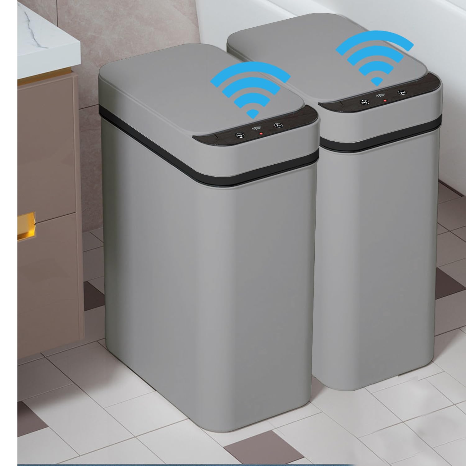 Photo 1 of Yatmung 2 Pack - 2.5 Gallon Motion Sensor Bathroom Trash Can - Slim Smart Trash Cans - Skinny Trash Bin with Lid - Electric, Narrow, Plastic, Auto Open - Small Automatic Garbage Can (Grey)