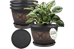 Usocik 4 Pack 10 inch Plant Pots, Retro Pattern Planters with Drainage Holes and Saucer, Sturdy Plastic Garden Flower Pots for Indoor & Outdoor Plants
