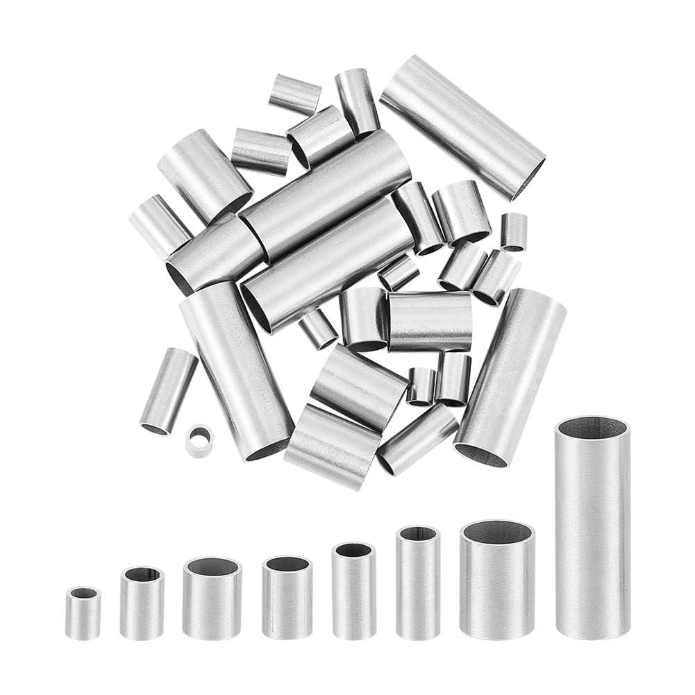 UNICRAFTALE 40Pcs 8 Sizes Tube Beads 5-25mm Metal Large Hole Smooth Surface Finding for DIY Bracelets Necklace Jewelry Making
