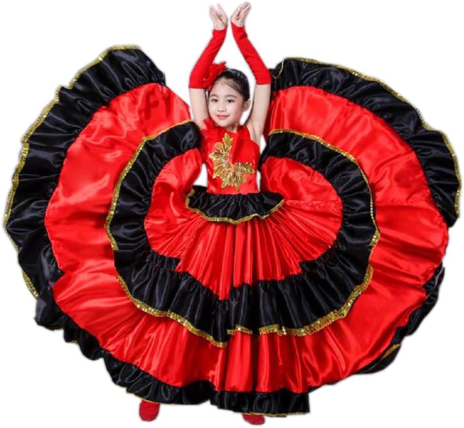 uniquetj Red Spanish Flamenco Belly Dance Dress Costume 4-12 Girl Attach Headflower