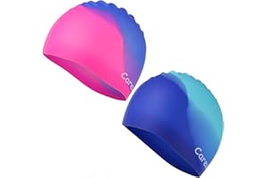 CAREULA Swim Cap, 2 Pack Durable Silicone Swimming Caps for Kids Girls Boys Youths (Age 2-12), Soft 3D Ergonomic Waterproof Kids Swim Caps, Comfortable Fit for Long Hair and Short Hair