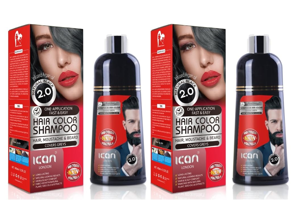 Hair Color Shampoo Natural Black 2.0 100% Gray Coverage 2 x 400ml