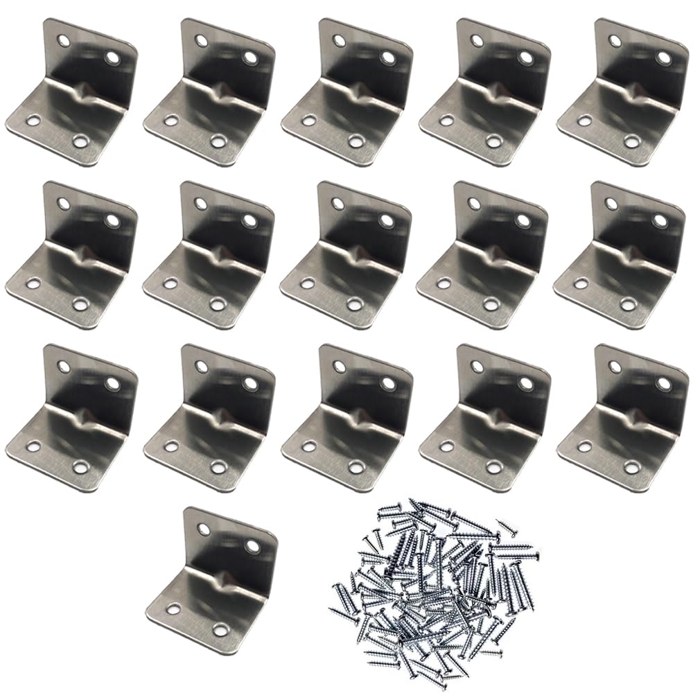 16 Pcs Stainless Steel Corner Braces with 64 Screw Right Angle Braces Bracket Angle Brackets for Indoor and Outdoor Wooden Furniture Fences Windows