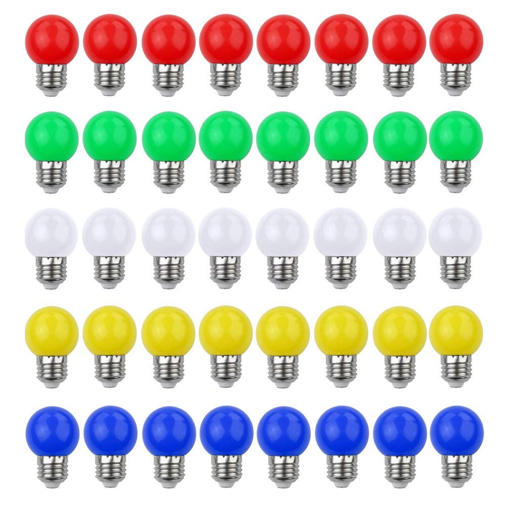 V-TOO 40 Pack 3W Coloured Light Bulb E27 Screw Cap LED Light Bulbs Mood Ambiance Lighting for Home Decoration Party Patio Christmas Effect Lights Multi Colour Red Yellow Blue Green White