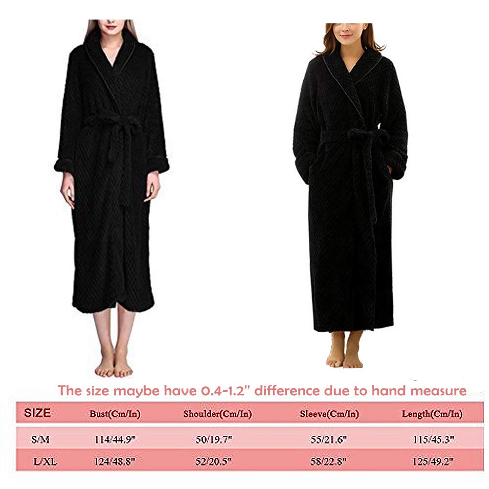 Womens Long Thick Fleece Robe Warm Waist Belt Plush Black Bathrobe(Black,S/M)