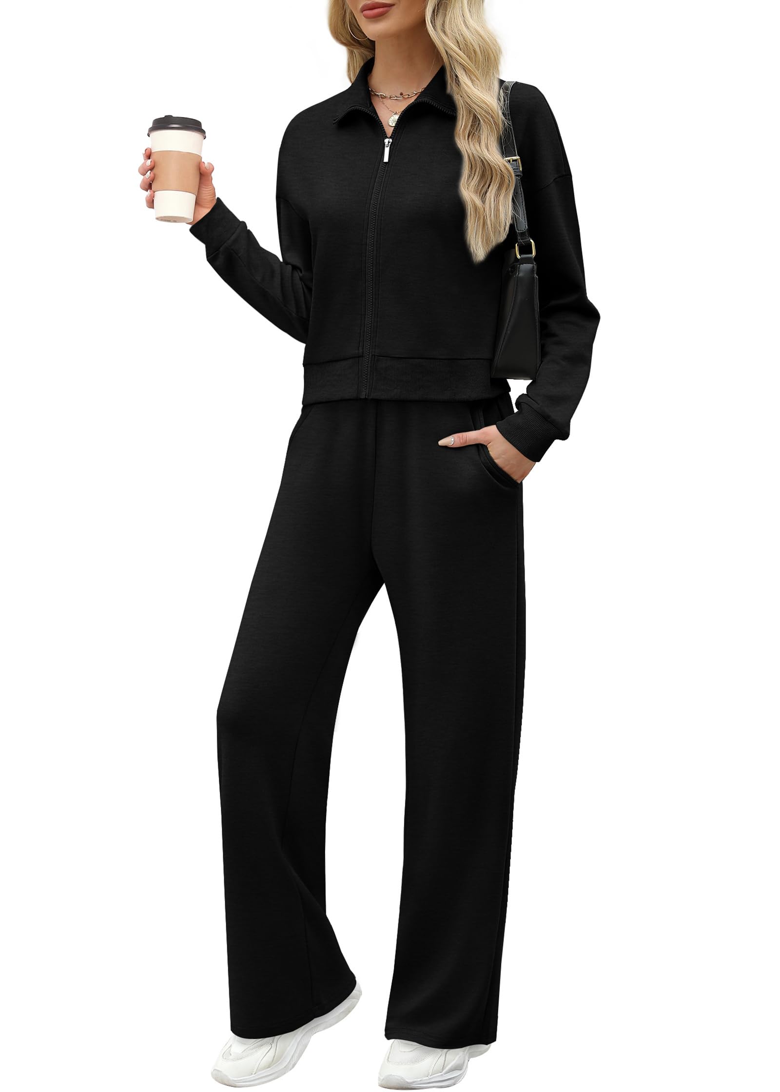 Photo 1 of XIEERDUO Lounge Sets for Women Early Fall Outfits 2025 Fashion 2 Piece Zip Up Sweatshirt Sweatsuits Beach Vacation Clothes Winter Essentials Black Sweatpants Tracksuit XL