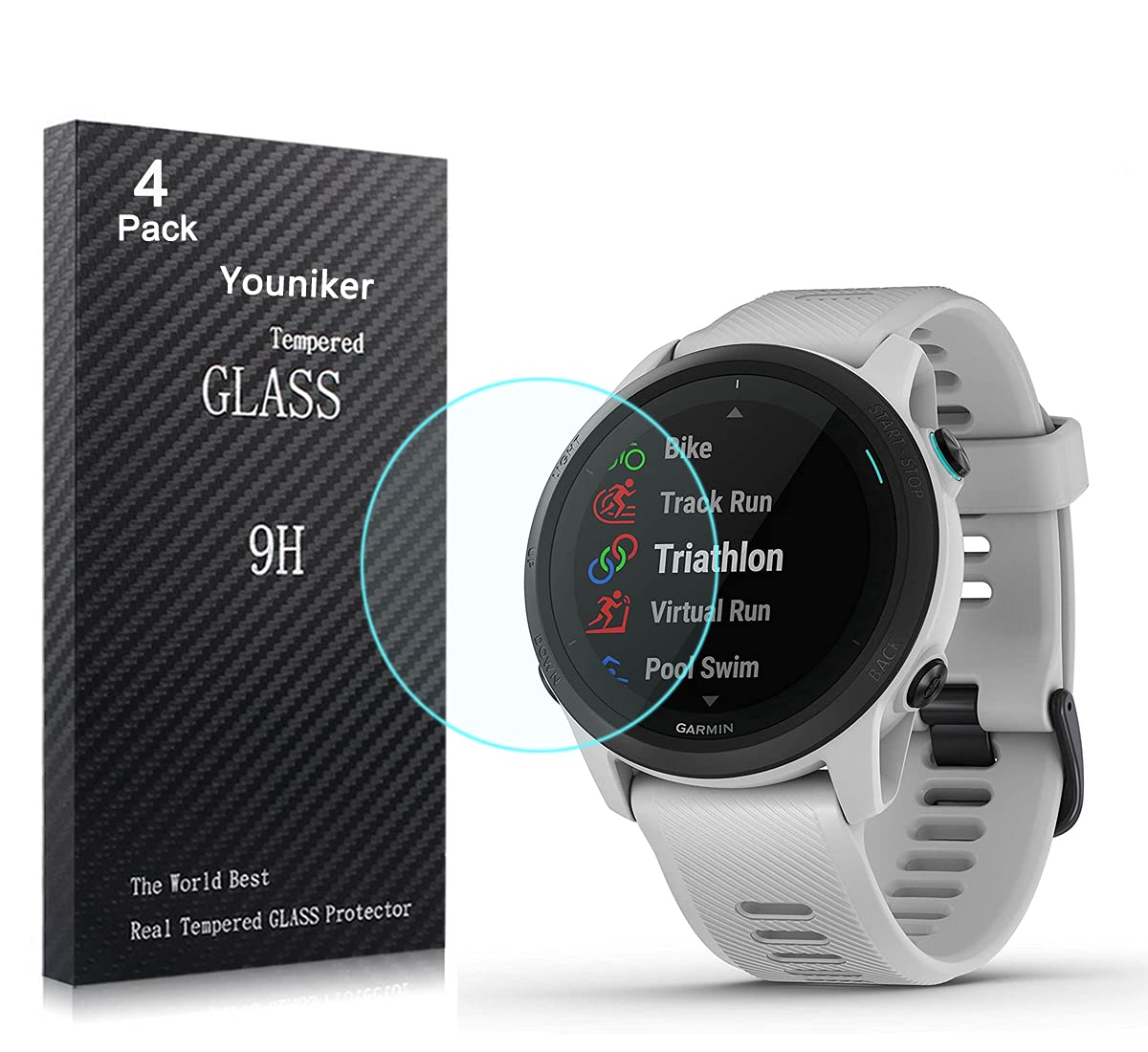 Youniker 4 Pack Compatible with Garmin Forerunner 745 Screen Protector Tempered Glass for Garmin 745 Smart Watch Screen Protector Cover Foils Glass Anti-Scratch Anti-Fingerprint Bubble Free