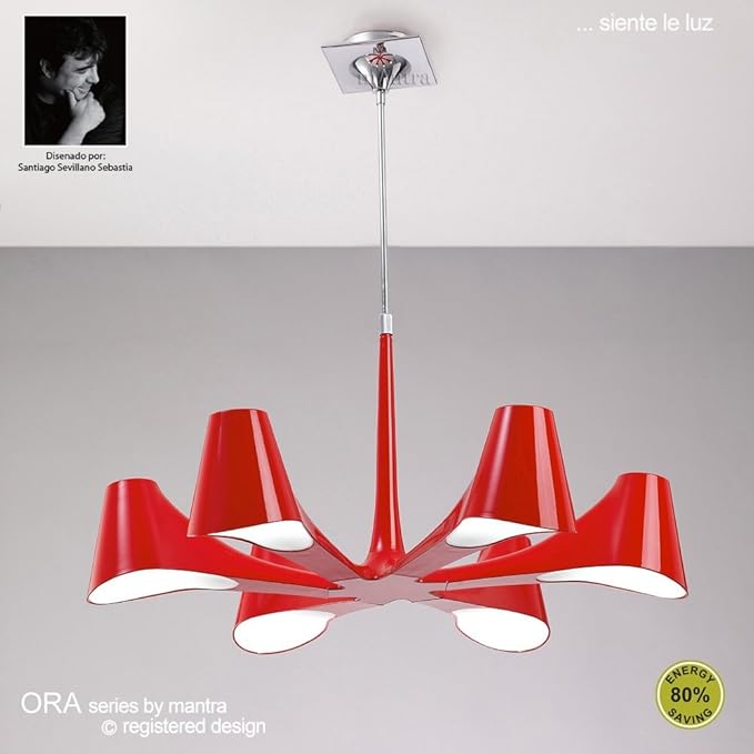 Mantra ORA Gloss Red/White Acrylic/Polished Chrome Telescopic Semi Flush Convertible Pendant 6 Light
