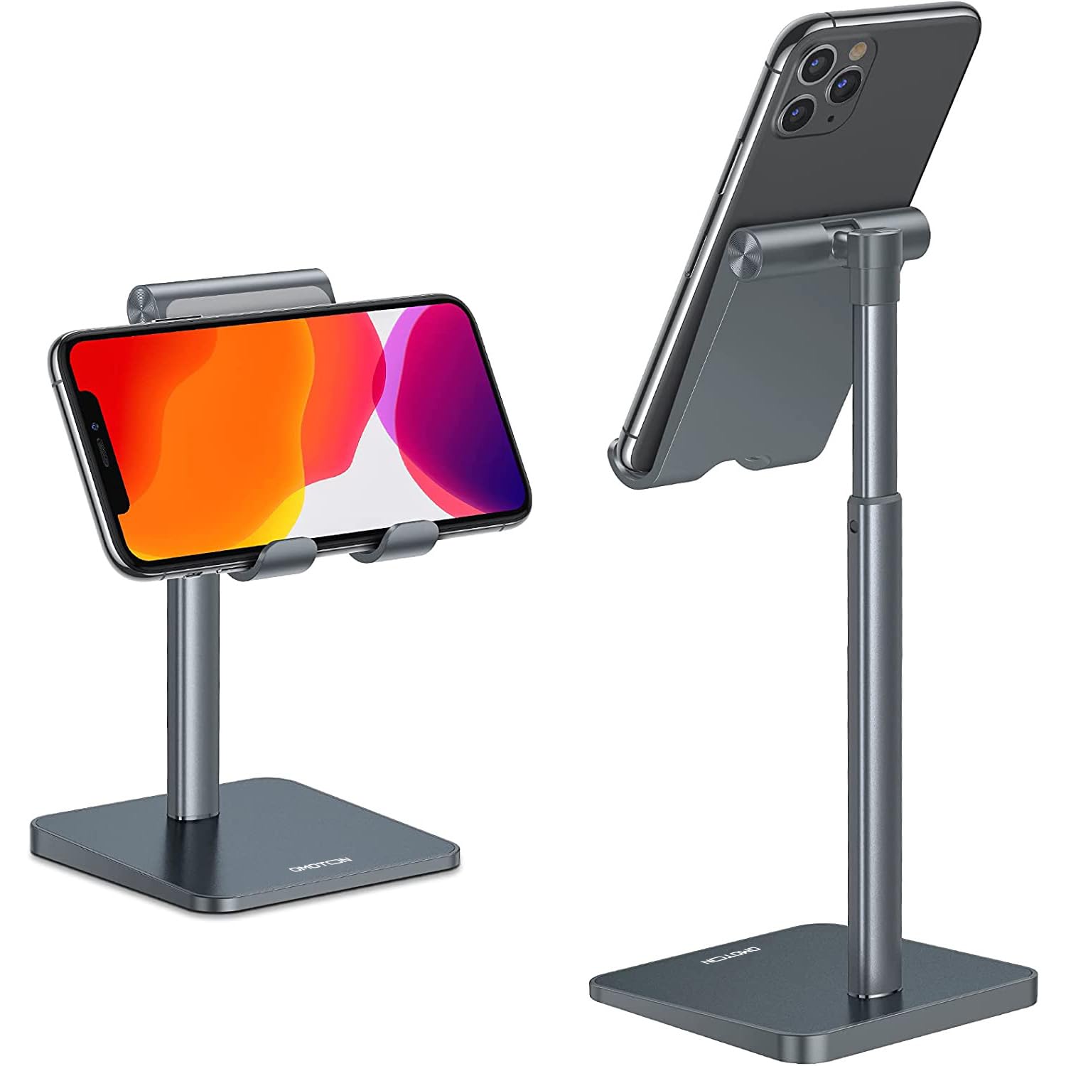 Photo 1 of OMOTON Cell Phone Stand, Adjustable Angle Height Desk Phone Dock Holder for iPhone Air/17 Pro Max/ 11 Pro/XS Max/XR, Samsung Galaxy S20 / S10 / S9 / S8 and Other Phones (3.5-7.0-Inch), Gray
