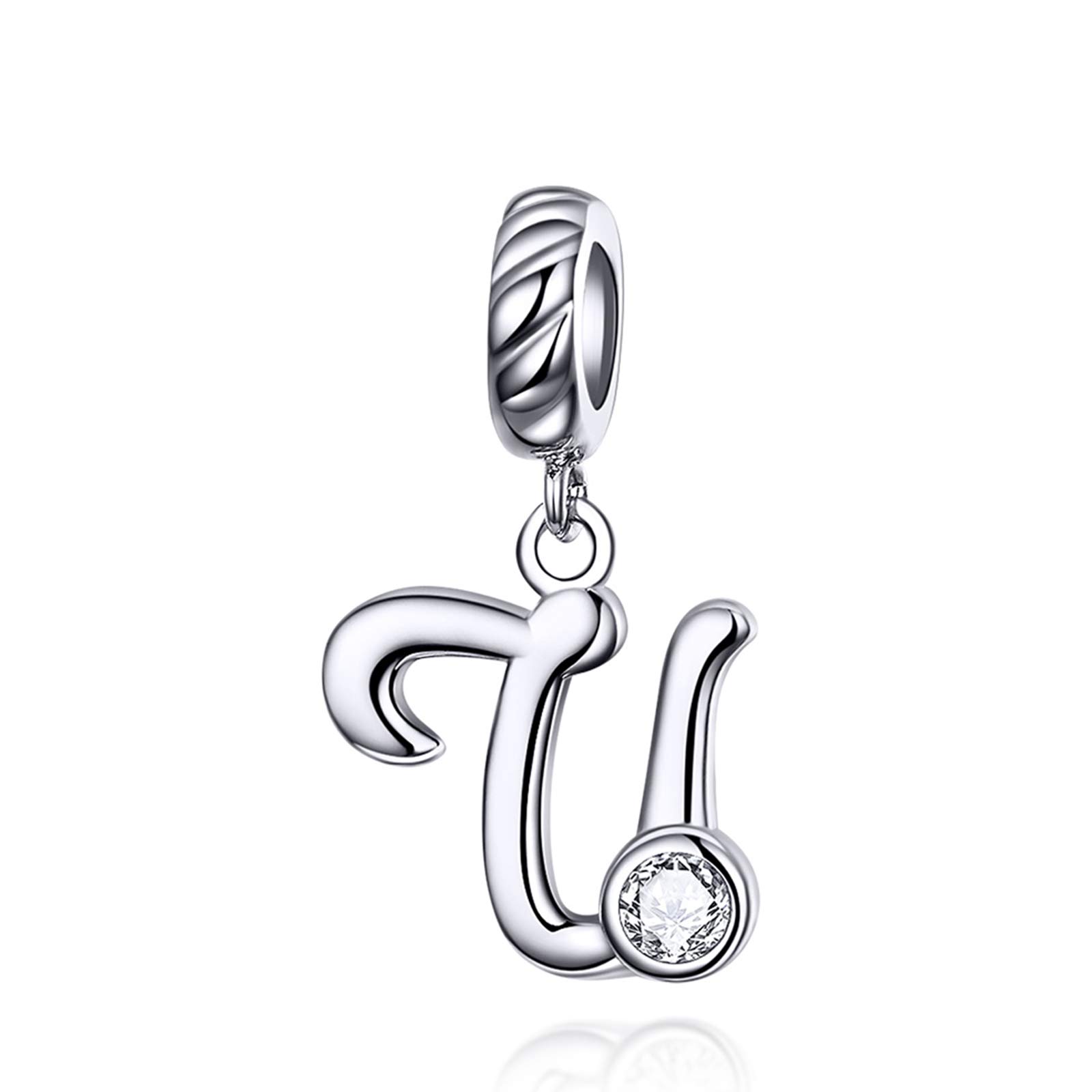 LaMenars Letter Dangle Bead Charms Initial Alphabet A-Z 925 Sterling Silver Zirconia fits European Charm Bracelets & Necklaces (Letter U)