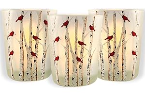 BANBERRY DESIGNS Cardinals Christmas Lighted Candle Holders - Cardinals on Birch Branches on Frosted Glass - Holiday Candleholders - Set of 3 Holders with LED Candles - 2.75" H X 2.25" W