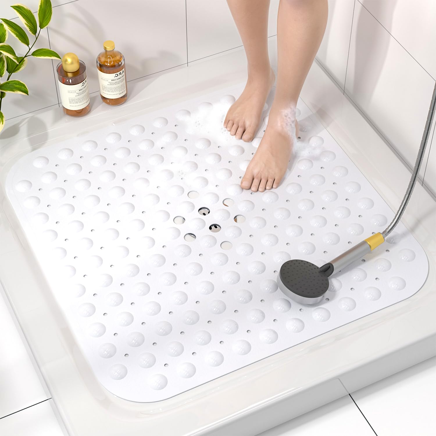 HITSLAM Square Shower Mat Non Slip Anti Mould, 53 x 53cm Bath Mat for Tub with Suction Cups and Drain Holes, Machine Washable Bathroom Anti Slip Shower Mat, Soft on Feet, White