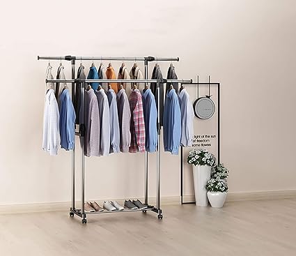 Dporticus Simple Portable Stainless Heavy Duty Double Rod Clothing Hanging Garment Rack With Wheels Floor Drying Rack Adjustable For Bedroom Balcony
