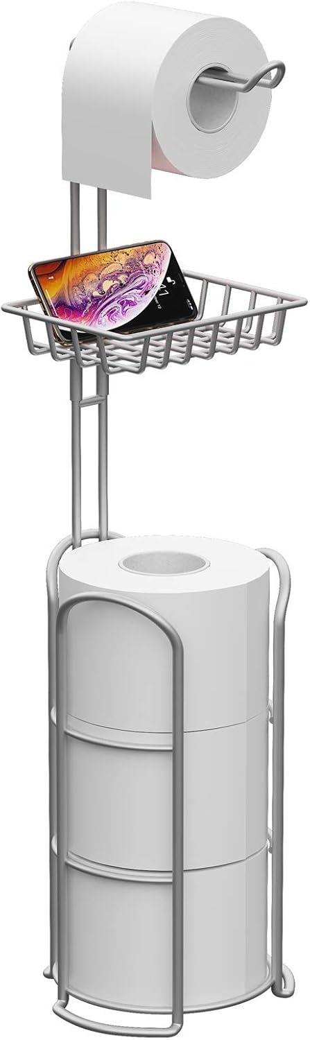 Upgrade Toilet Paper Holder Stand, Silver Gray Freestanding Toilet Paper Roll Holders with Shelf, Bathroom Tissue Storage Rack: Kitchen & Dining