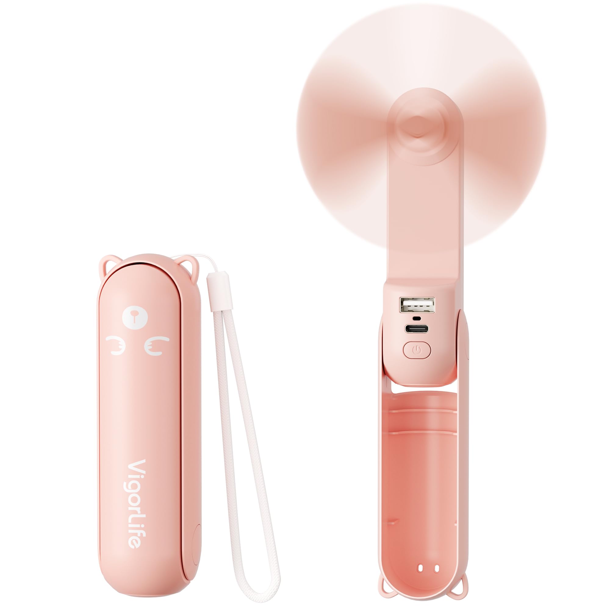 VigorLife Mini Handheld Fan,USB Rechargeable 3 IN 1 Personal Cooler Fans with Power Bank,LED Flashlight,Small Foldable Pocket Portable Cooling Fan-Travel & Emergency Essentials for Outdoor,Pink
