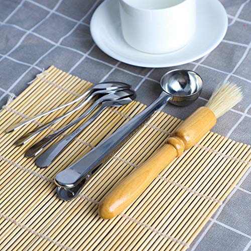 Hyber&Cara Espresso Accessories 1 PC Stainless Steel Coffee Measuring Scoop with Bag Clip + 1 PC Grinder Cleaning Brush + 4 Pcs Mini Stainless Steel Demitasse Spoons