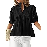 MAOECO Women's Puff Short Sleeve Babydoll Blouse Stand Collar V Neck Flowy Relaxed Fit Peplum Tops Casual Summer Shirt