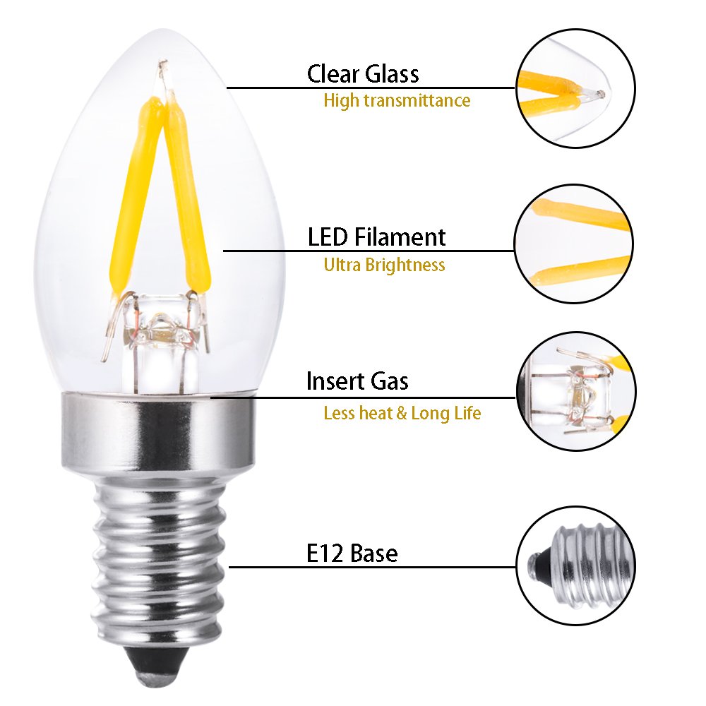 led Night Light Bulbs,Salt Lamp Bulbs,C7 1W Led Filament Bulbs,Refrigerator Indicator Bulb, Mini Light,Candle Bulbs,10W Incandescent Replacement Bulb,Torpedo Shape,E12 Warm White 2700k,Dimmable(6PCS)
